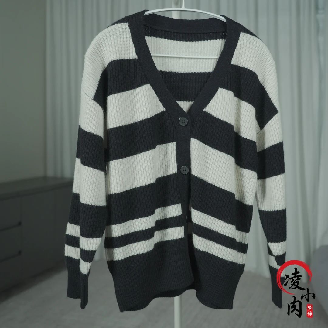 100%羊毛开衫外套大V领横条纹柔软保暖春秋女装外穿043