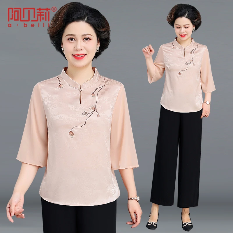 气质妈妈夏装时尚新中式套装新款洋气绣花短袖T恤中老年女两件套