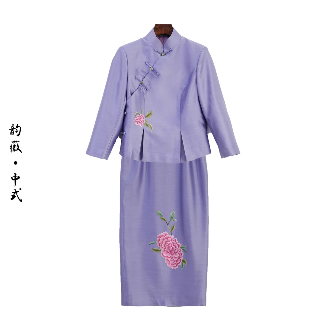 女士上衣桑蚕丝中国风传统国风中式手推绣复古百搭套装Z250210502