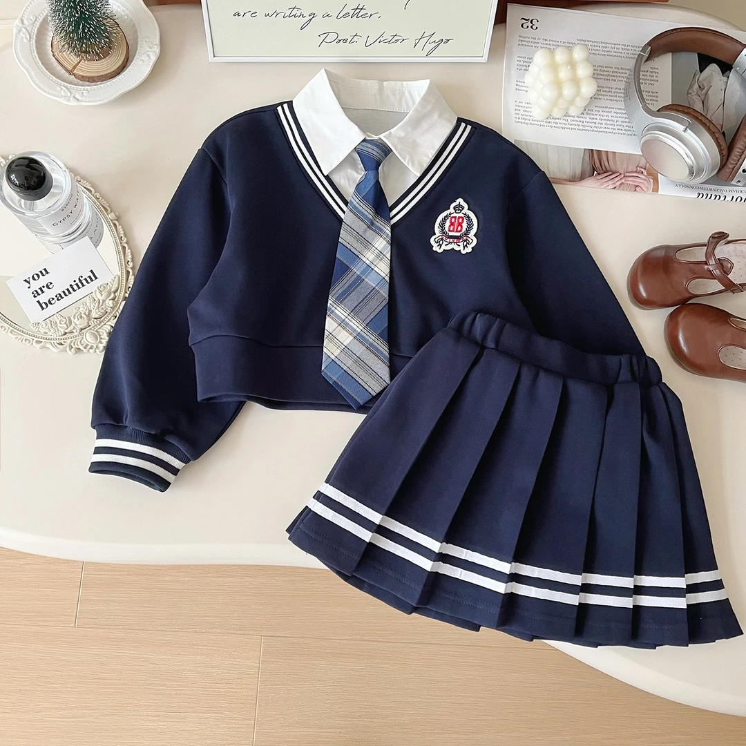 【215】秋季新款女童洋气假两件卫衣百褶裙学院风套装Q67577