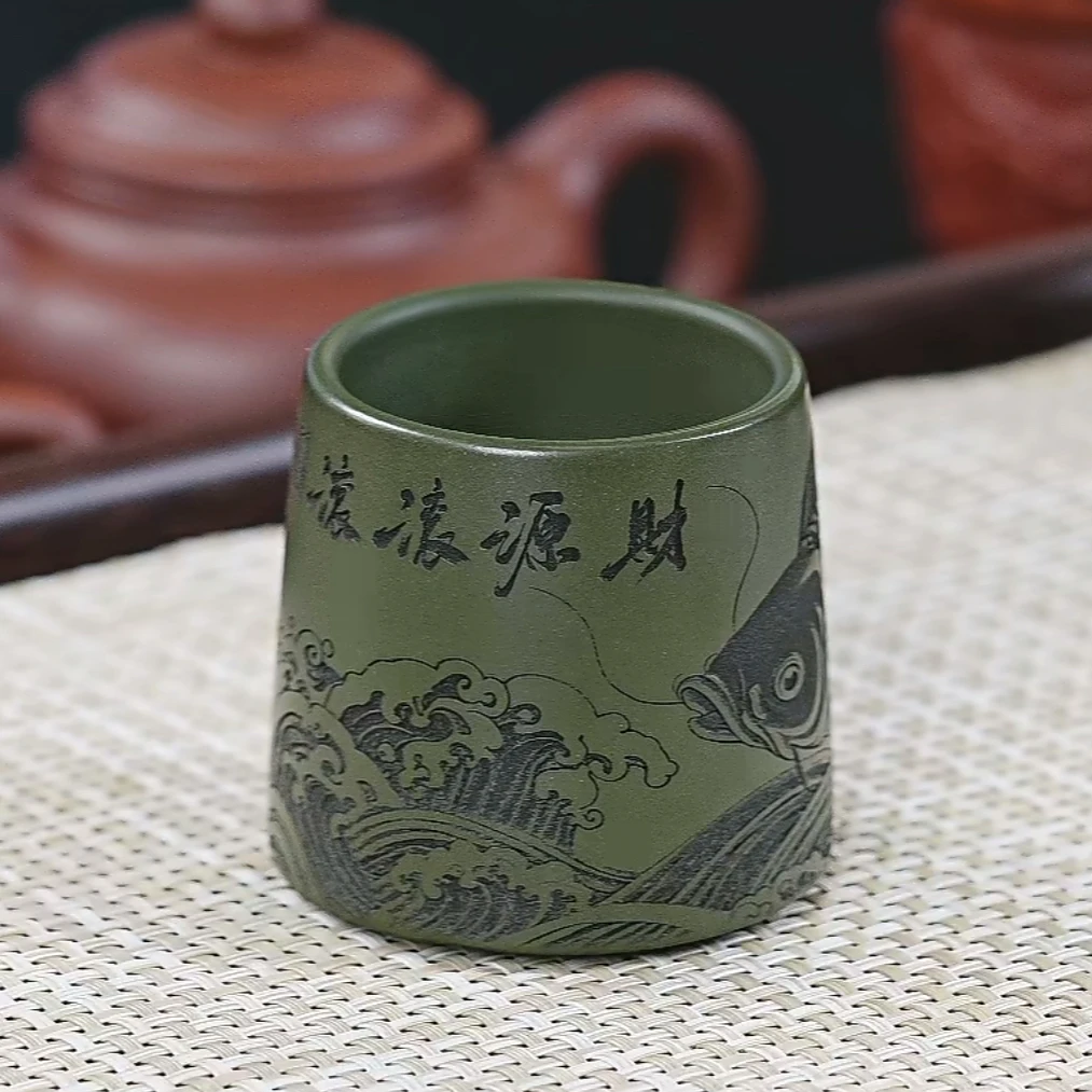 宜兴原矿景舟绿泥手工刻绘财源滚滚主人杯泡茶杯茶具纯手工