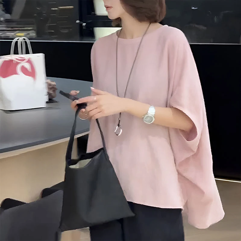法式气质圆领蝙蝠袖宽松中长款衬衫女2025新款夏季百搭宽松上衣女