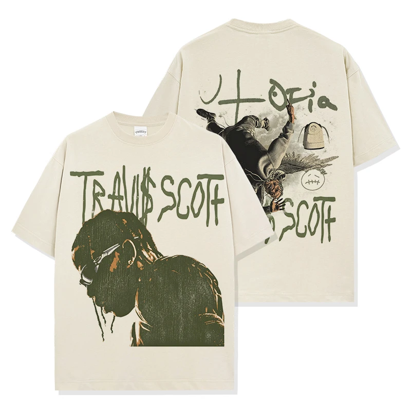 美式复古街头潮流travisscott倒钩印花短袖t恤Vintage宽松圆领男