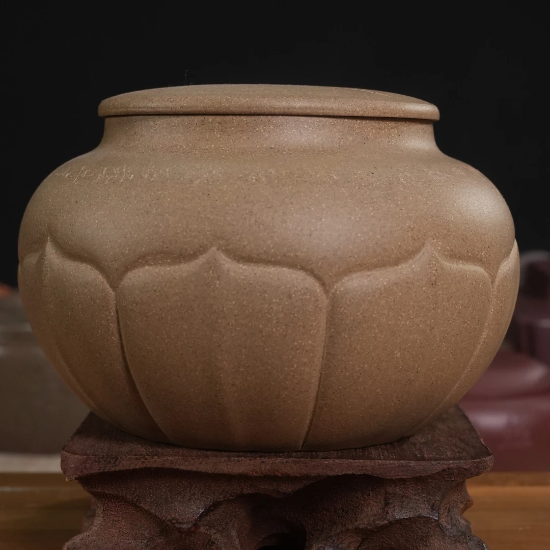 【半手工】刻荷花段泥茶叶罐