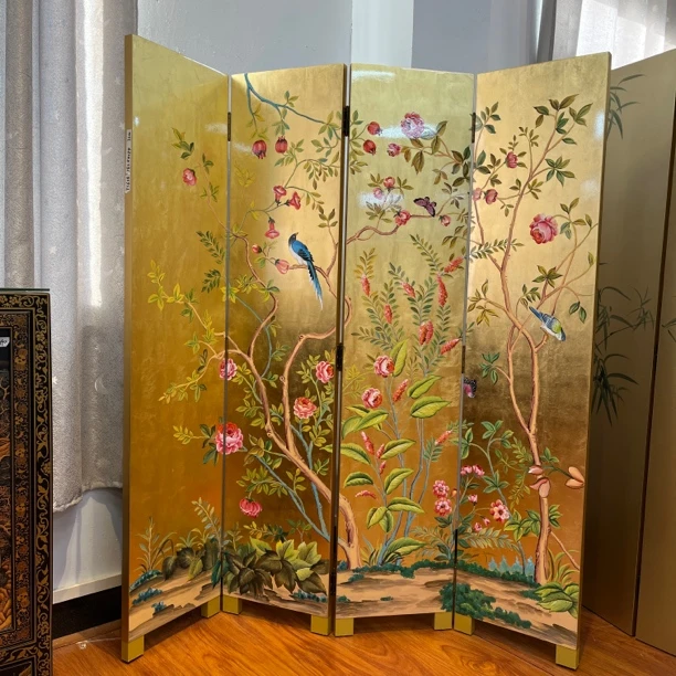 TS628金箔手绘工艺落地屏风 182*40cm*4片