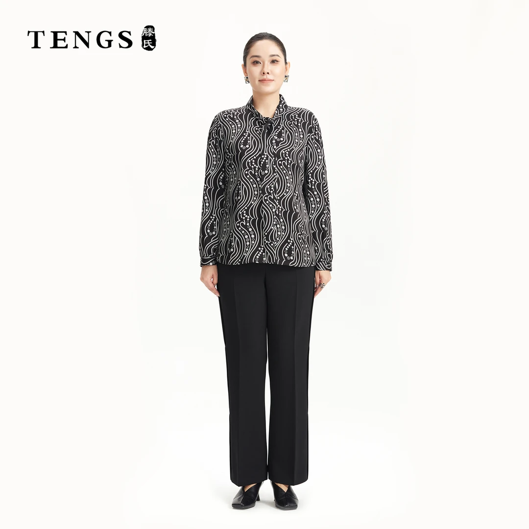 TENGS滕氏时尚黑灰复古印花飘带领长袖衬衫