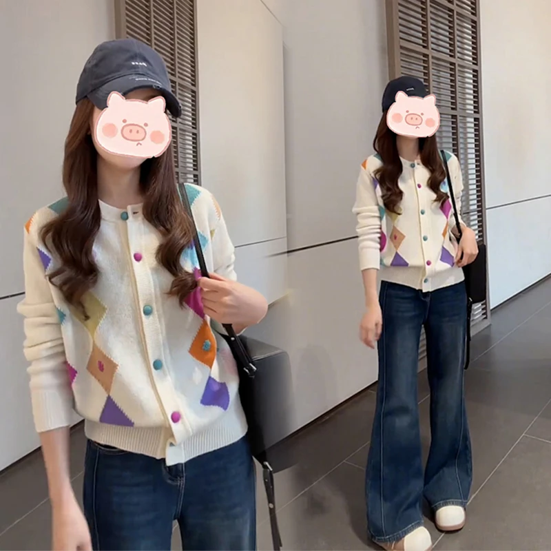彩色菱格提花设计上身超温柔圆领时尚百搭显瘦针织开衫女欧货新款