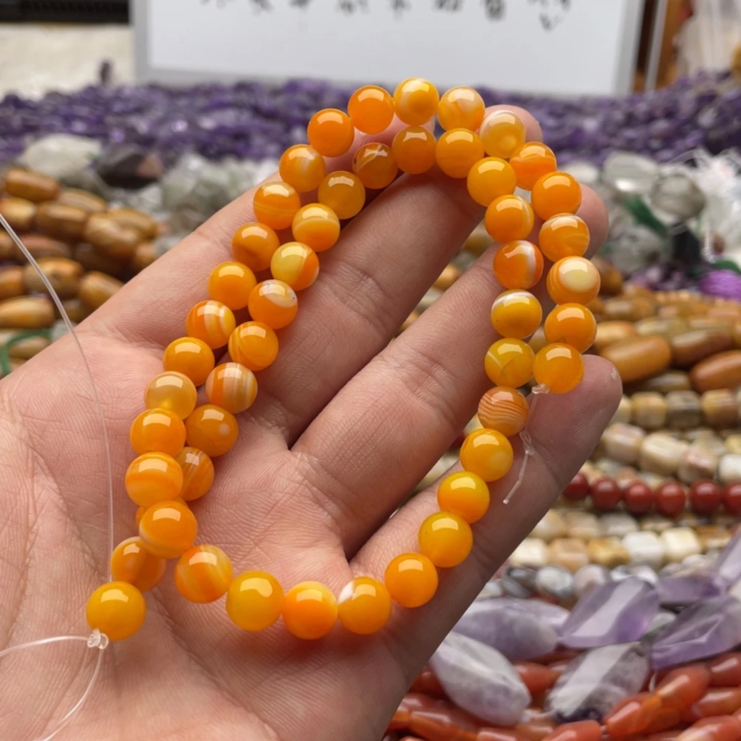 玛瑙/玉髓合金珠宝半成品一条装卡8mm蜜腊黄缠丝玛瑙圆珠