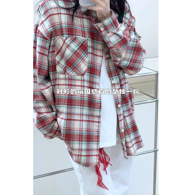 美式潮牌复古格子衬衫男款高级感上衣情侣衬衣中性宽松休闲薄外套