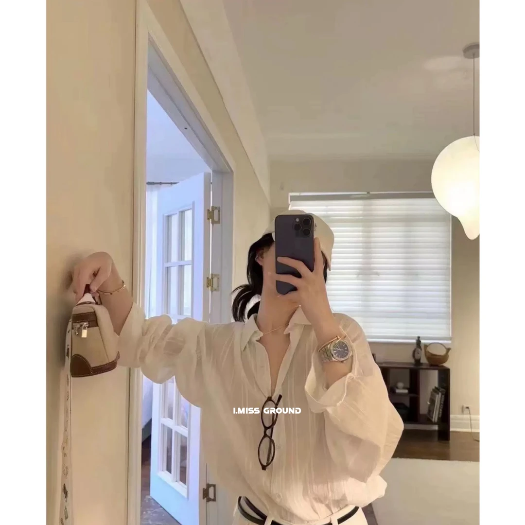 70589#【hui乔同款】韩系简约大气竖条翻领百搭长袖衬衫