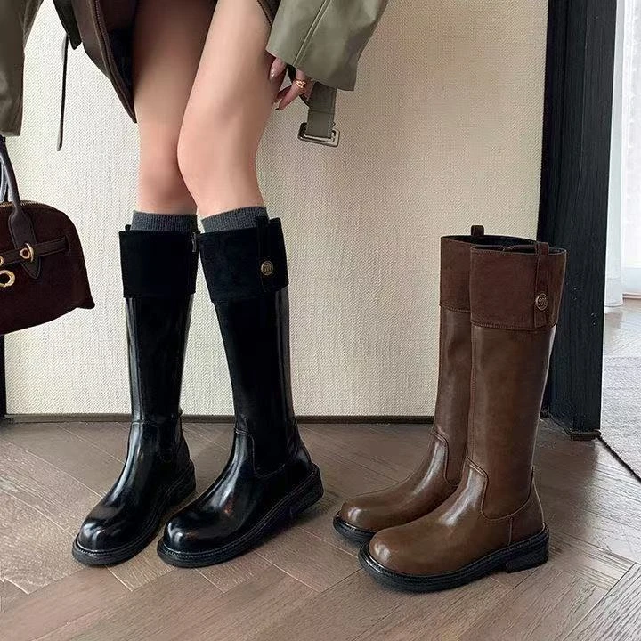 美拉德复古拼接长筒靴女2025秋季新款棕色厚底不过膝长靴骑士靴子