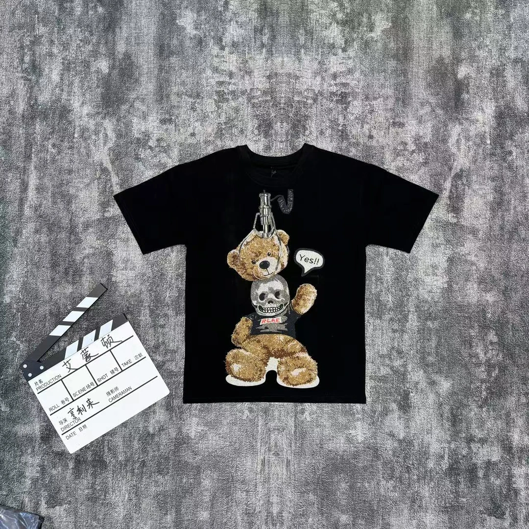 t恤上衣男士男装黑色半袖时尚半袖宽松个性圆领烫钻短袖12000