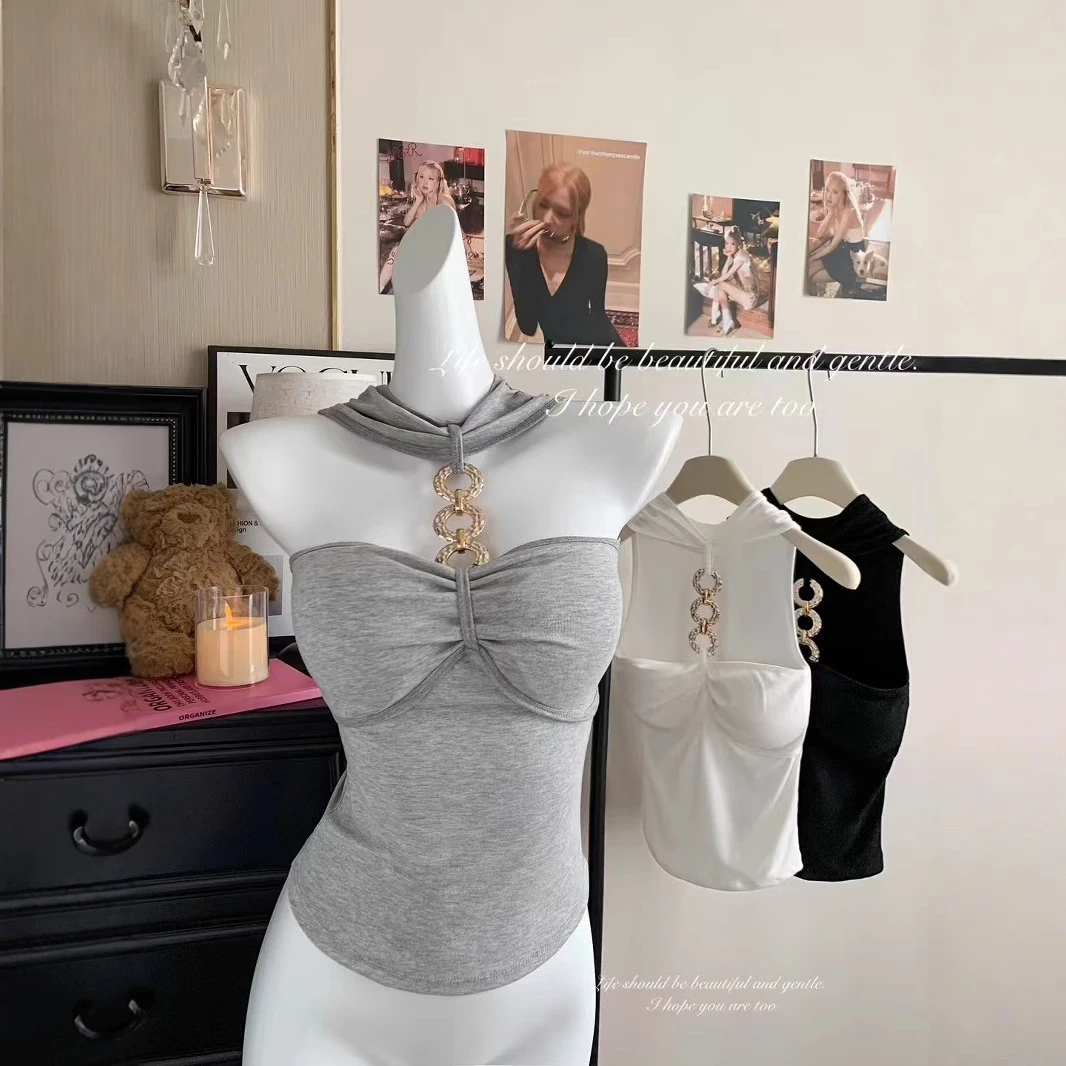 设计感黑色针织挂脖抹胸背心女夏季修身内搭无袖纯欲短款外穿上衣