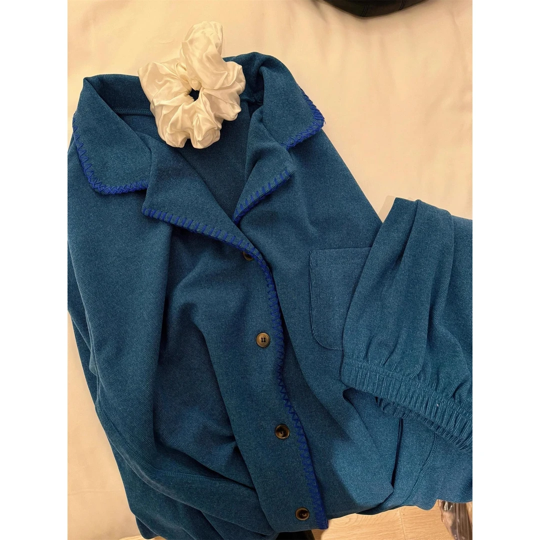 显白高级蓝色德绒长袖睡衣女秋冬季双面磨毛高级感家居服两件套女