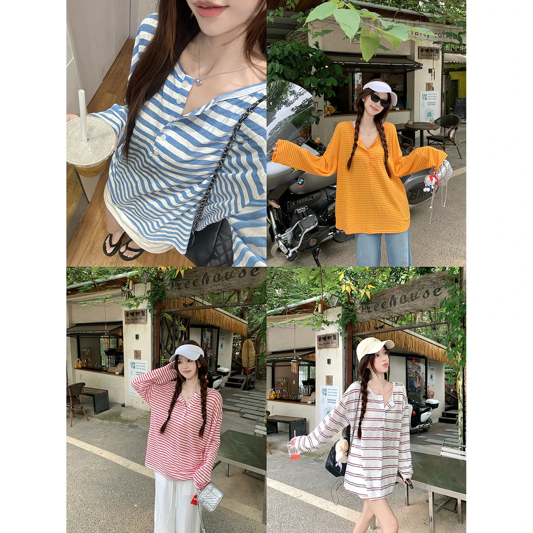日常舒适区 垂感轻薄撞色条纹大版防晒长袖tee秋季新款简约上衣女