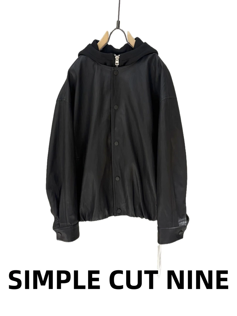 复古假两件连帽短款皮衣男女同款