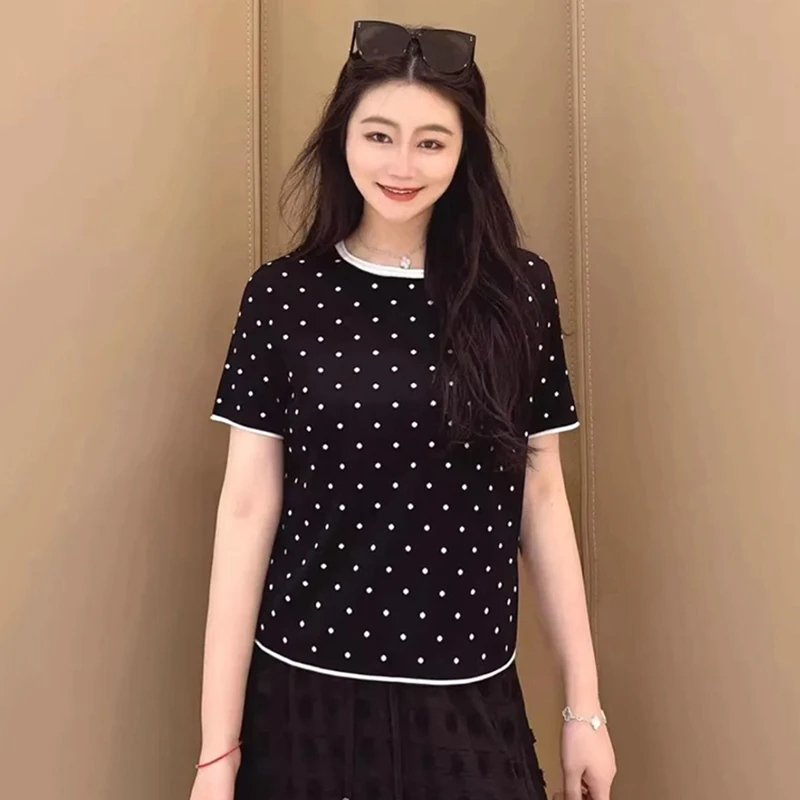 商场同款2025夏新款百搭圆领套头短袖波点冰丝针织衫t恤女1399645