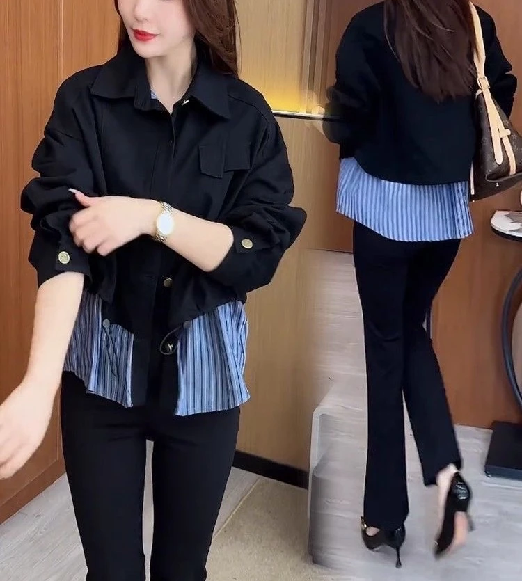 大码女装春季薄款外套拼接百搭休闲时尚减龄气质假两件-单层369