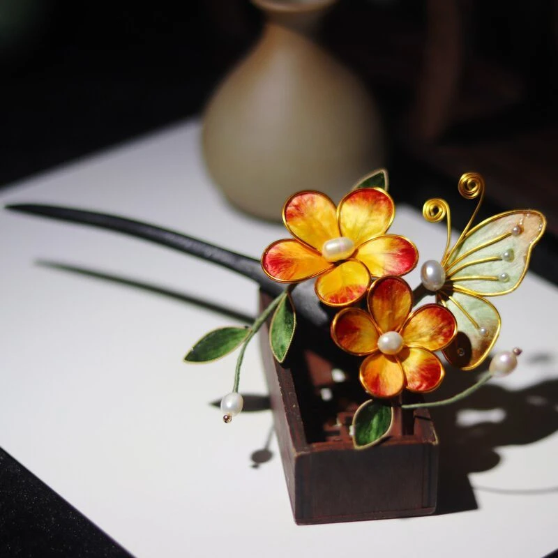 掐丝绒花蚕丝非遗绒花黑檀木发钗发簪汉服古风旗袍新娘秀禾发饰