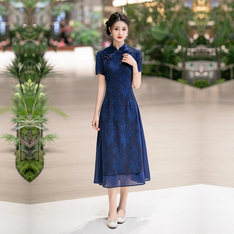 蓝色旗袍奥黛改良版连衣裙中老年妈妈遮肚子显瘦春夏季女装高级感