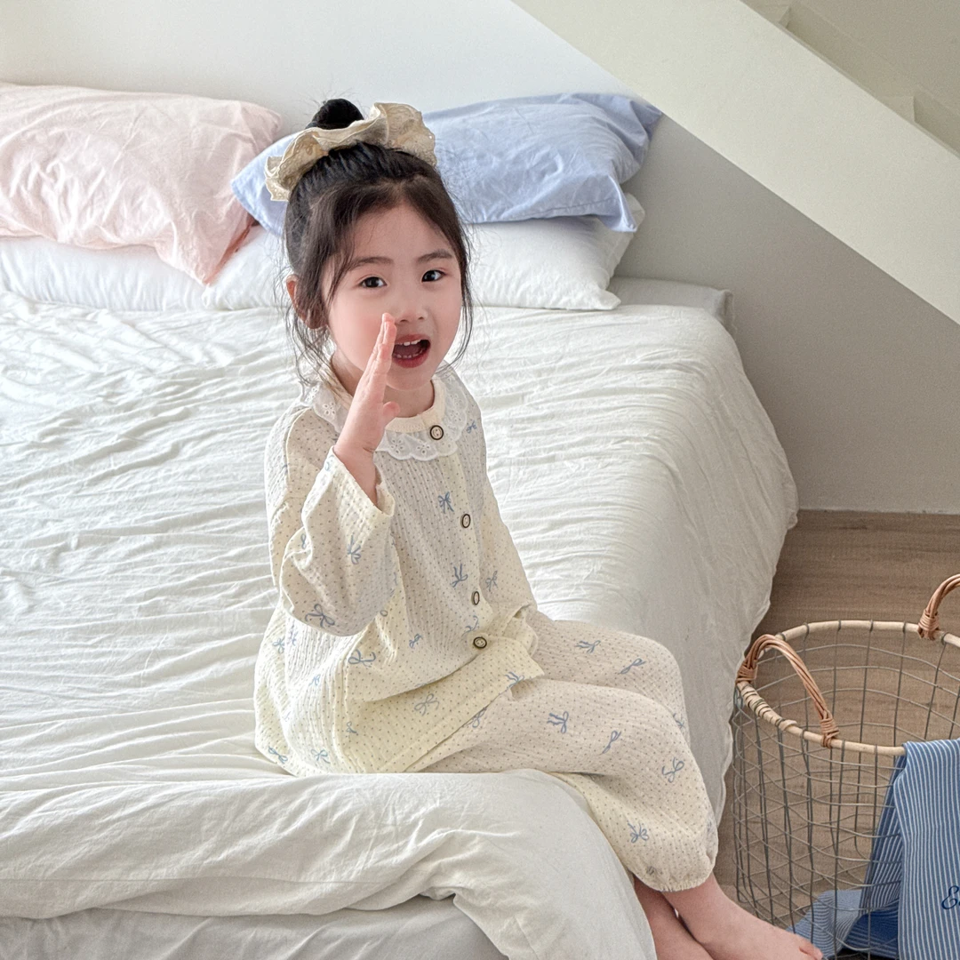 儿童睡衣女孩睡衣长袖棉纱A类空调服春秋女童宝宝家居服套装