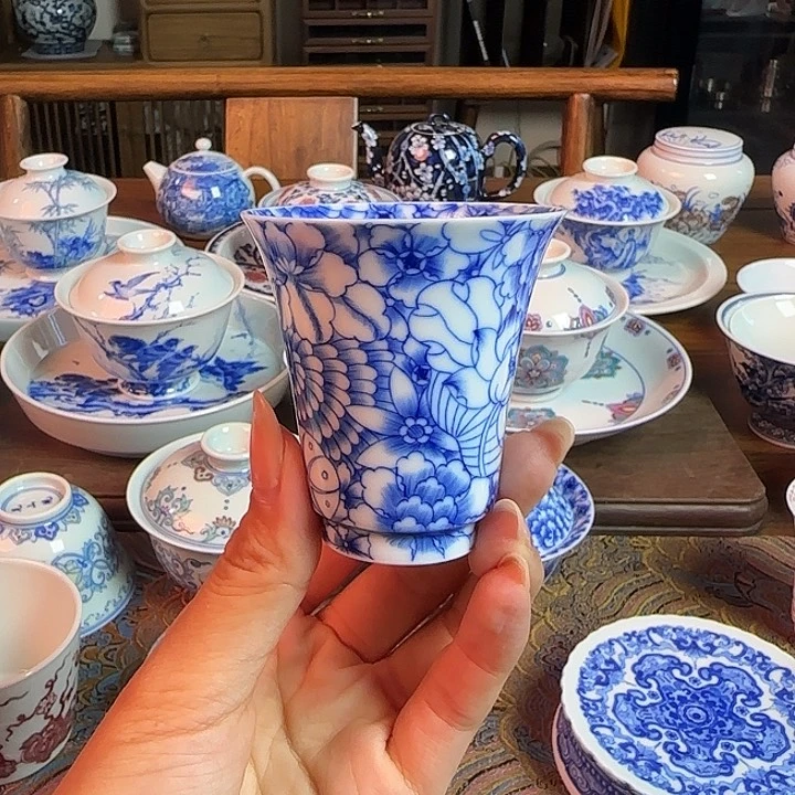 青花万花闻香杯纯手绘