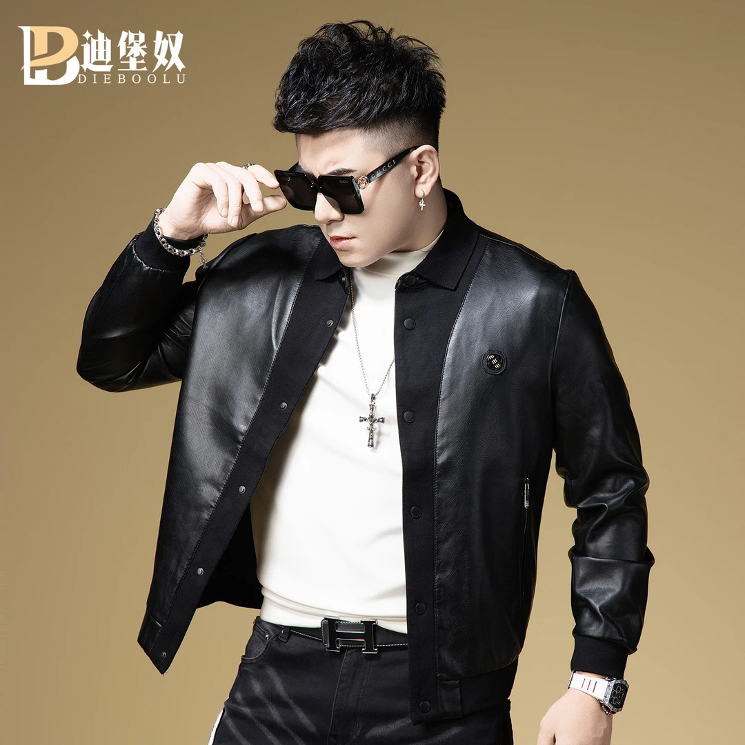 欧洲站新款暗纹小标皮衣夹克男潮流时尚休闲男士机车服外套上衣