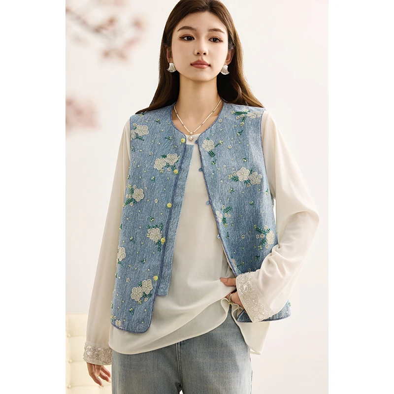 春季新中式国风亮片刺绣牛仔马甲女时尚气质复古百搭圆领马夹女潮