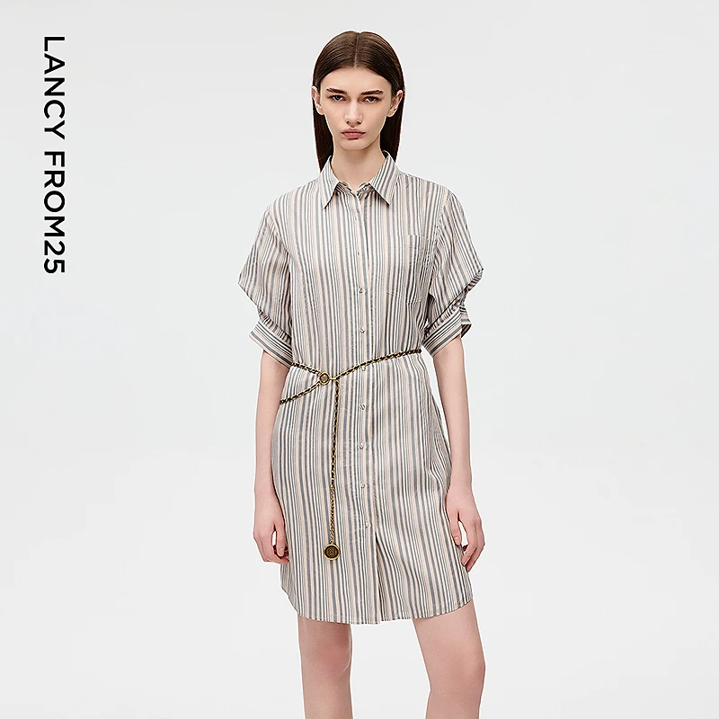 朗姿2025年夏季新款桑蚕丝条纹腰带衬衫连衣裙花苞袖法式裙子