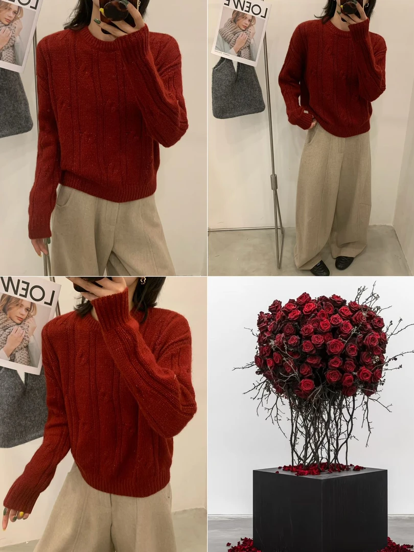 长袖针织毛针织衫蝴蝶钩花针织衫加厚高领毛衫百搭