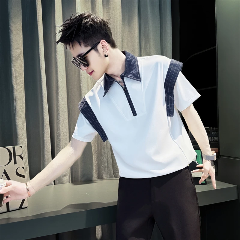 假两件撞色短袖衬衫男款夏季2025新款网红洋气炸街男装半袖小衬衣