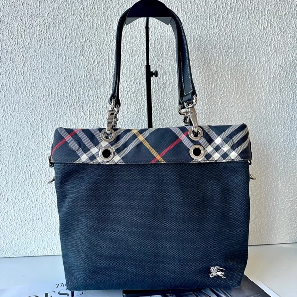 95新 BURBERRY/博柏利 XM/蓝黑格纹帆布单肩托特包/JJ02706201