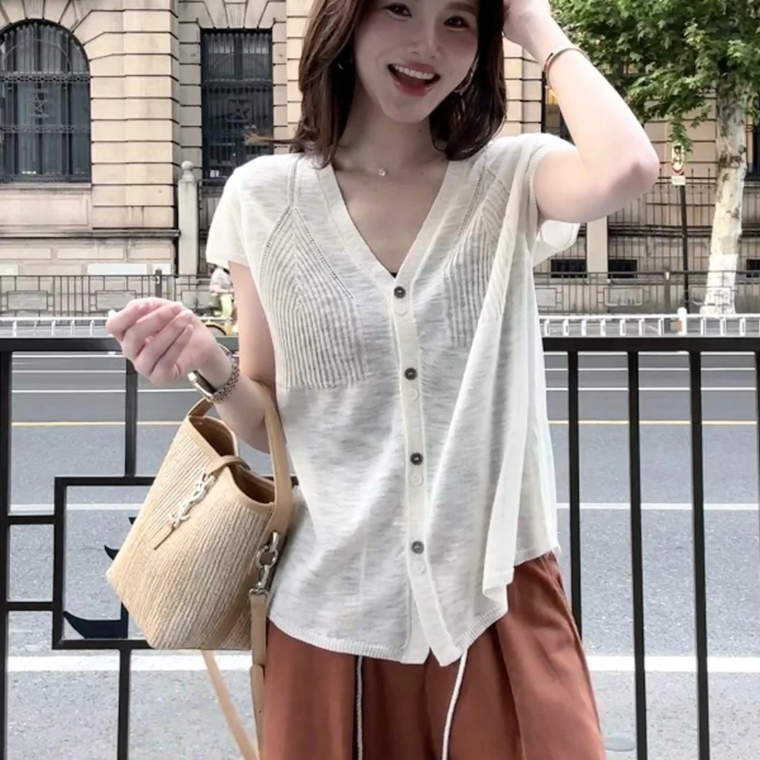 镂空短款百搭短袖针织衫女夏季2025新款薄款开衫宽松微透上衣夏天