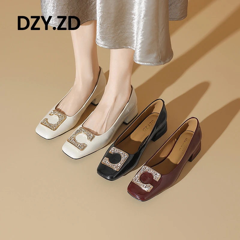 真皮镶钻方扣粗跟单鞋复古中跟浅口2025新款气质百搭法式通勤女鞋