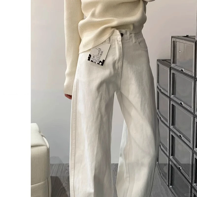 白色窄版阔腿牛仔裤女夏季2025新款高腰高级垂感宽松小个子直筒裤