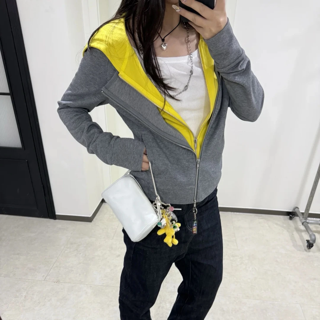 JODIEWANG 运动风休闲拉链外套女假两件连帽斜襟撞色卫衣5304