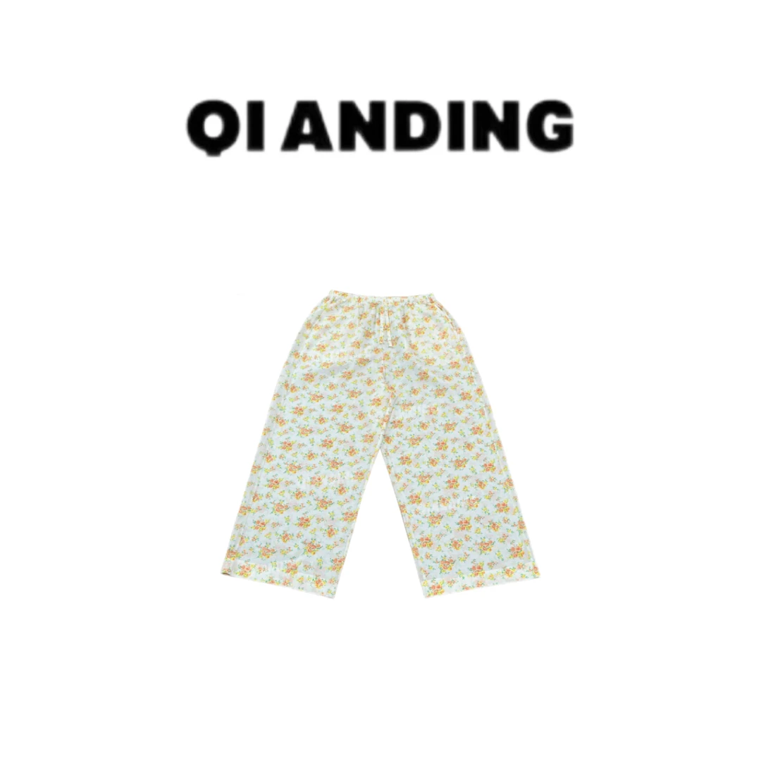 【QIANDING】法式复古小黄花松紧腰休闲裤A25214