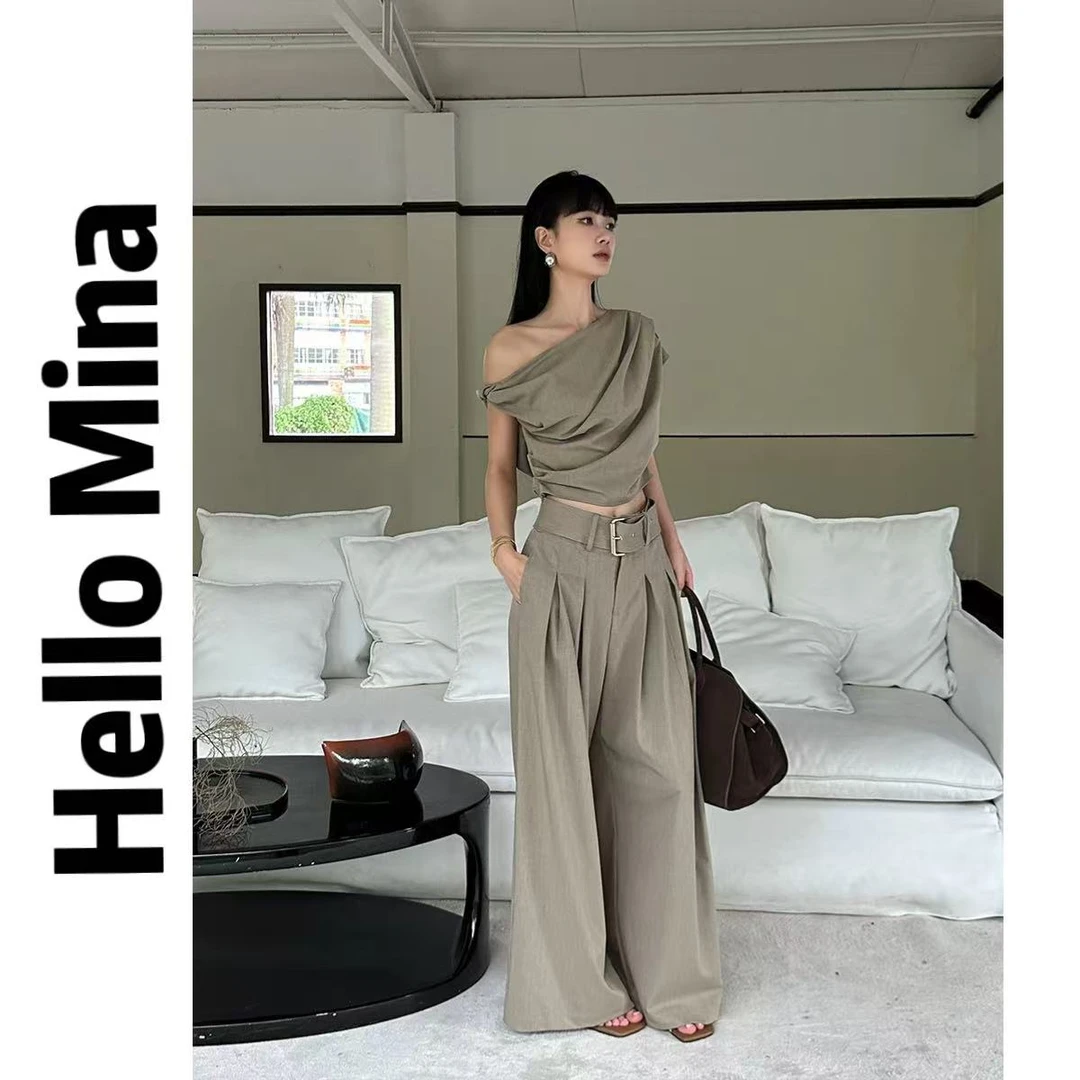 25268夏季时尚不规则斜肩上衣＋直筒阔腿裤套装