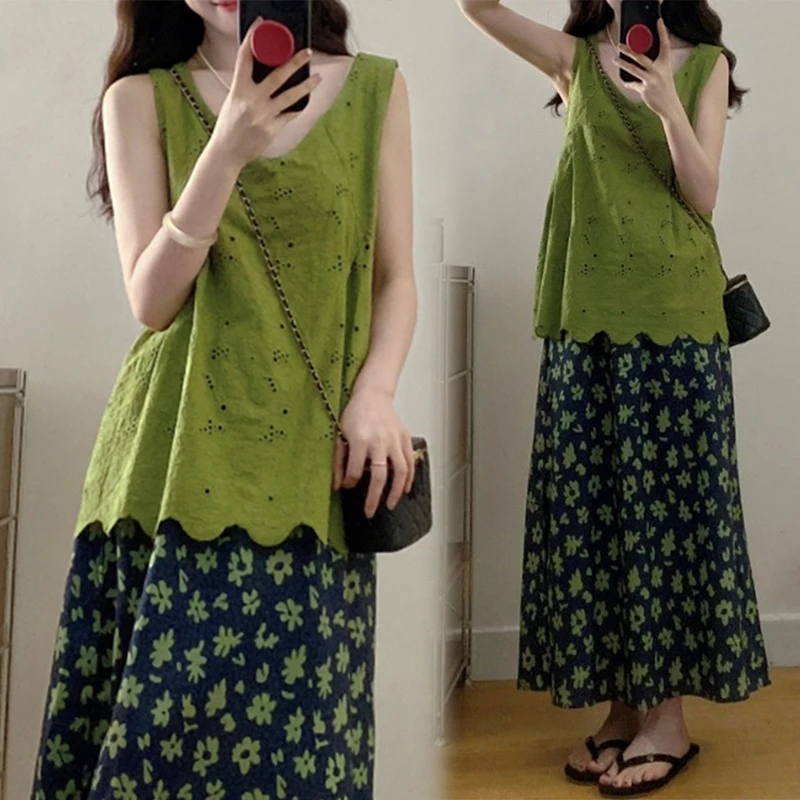 韩版宽松休闲套装女士2025夏季复古镂空无袖背心碎花半身裙两件套