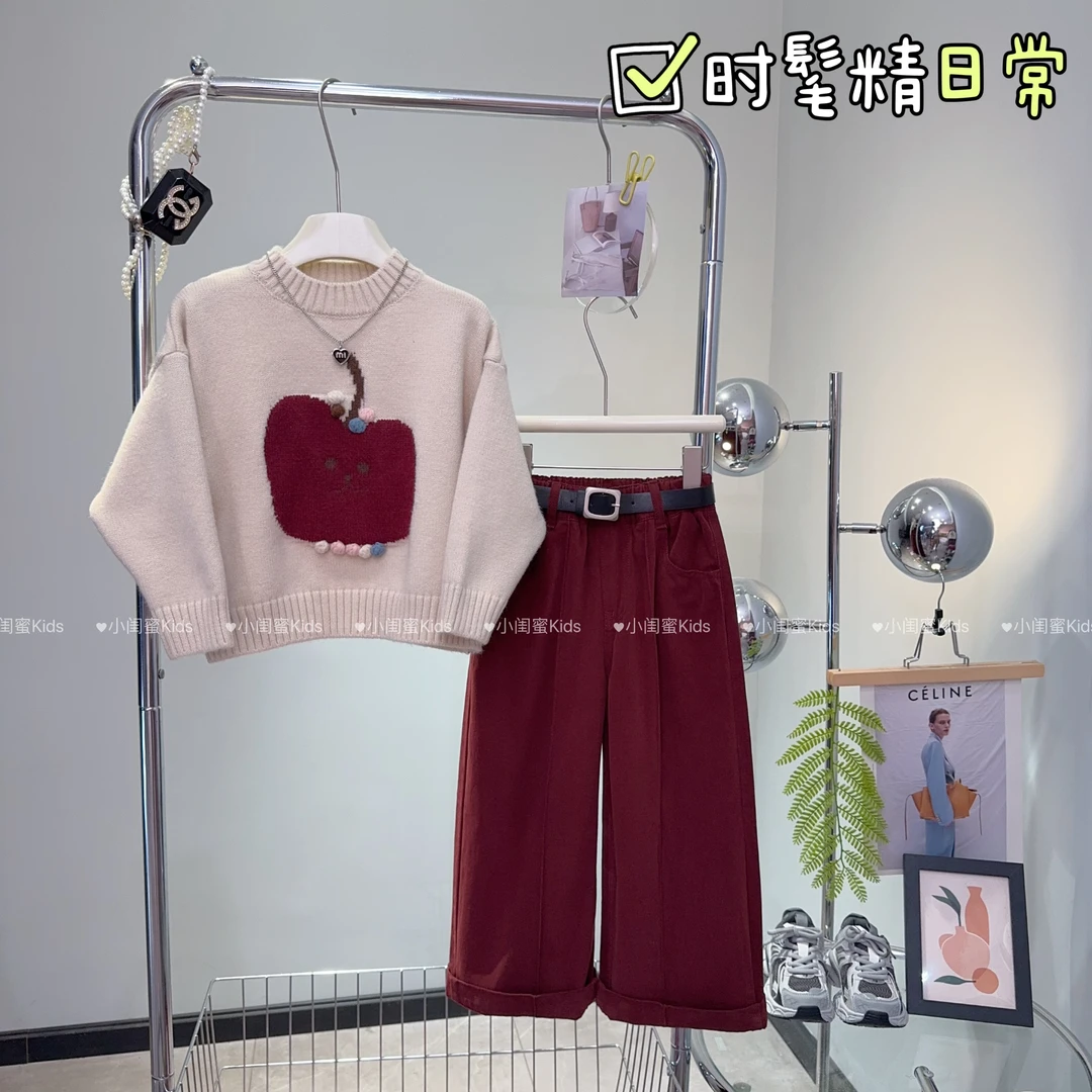 女童秋季2024新款时尚苹果针织毛衣+休闲阔腿裤套装-6964