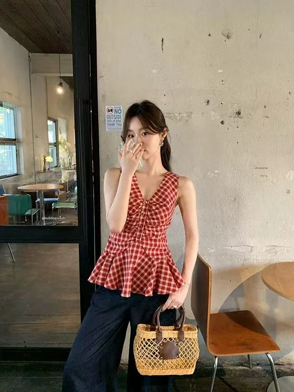 韩版2025夏红格背心女海边度假辣妹无袖外穿上衣格子气质性感