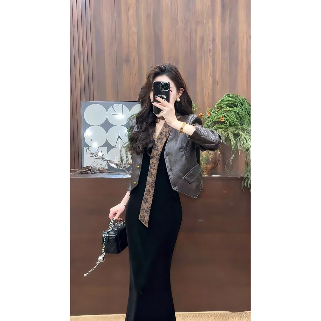 秋冬高级感赫本风法式黑色丝绒吊带连衣裙轻奢夹克外套套装3474#