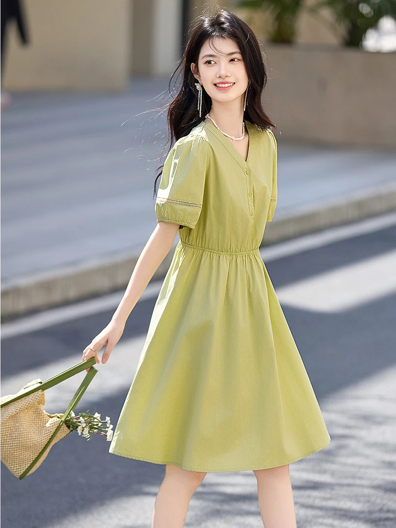 纯棉薄款v领连衣裙女夏2025新款小个子休闲气质显瘦茶歇裙