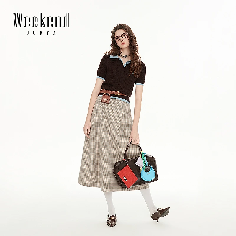 【明星同款】卓雅周末春季复古格纹高腰A字长款半身伞裙R200631C