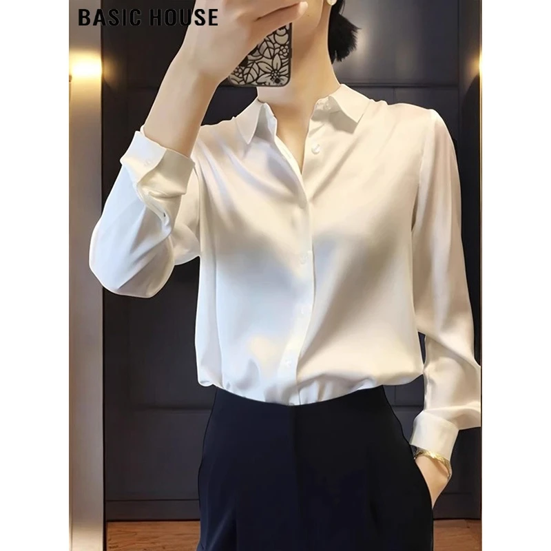 Basic House/百家好高级感仿真丝缎面衬衫女2025秋季新款白色衬衣