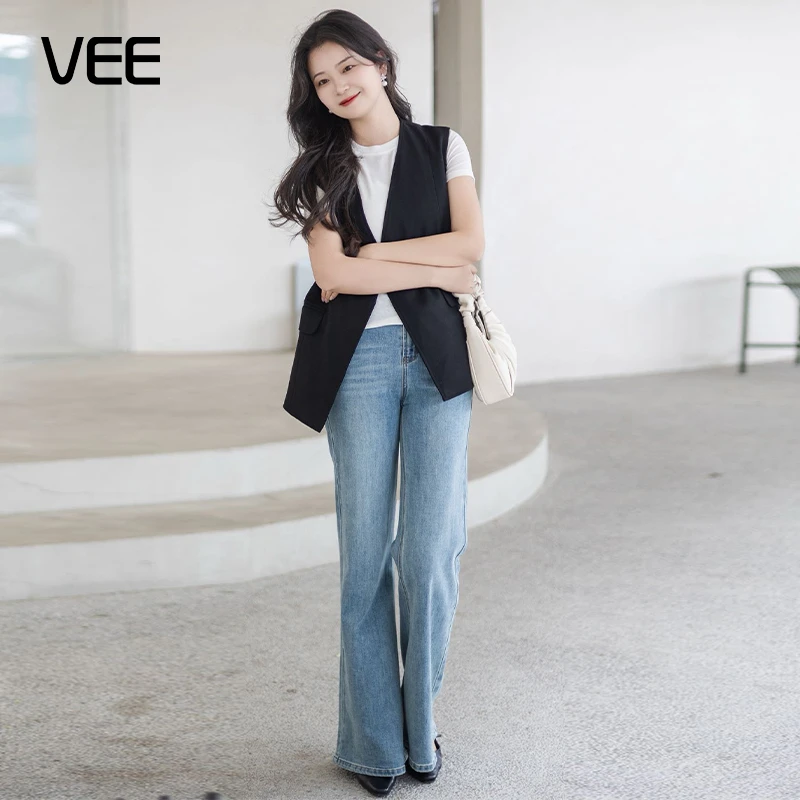 VEE【摩登裤】春夏时尚新款休闲显瘦百搭设计微喇百搭牛仔裤