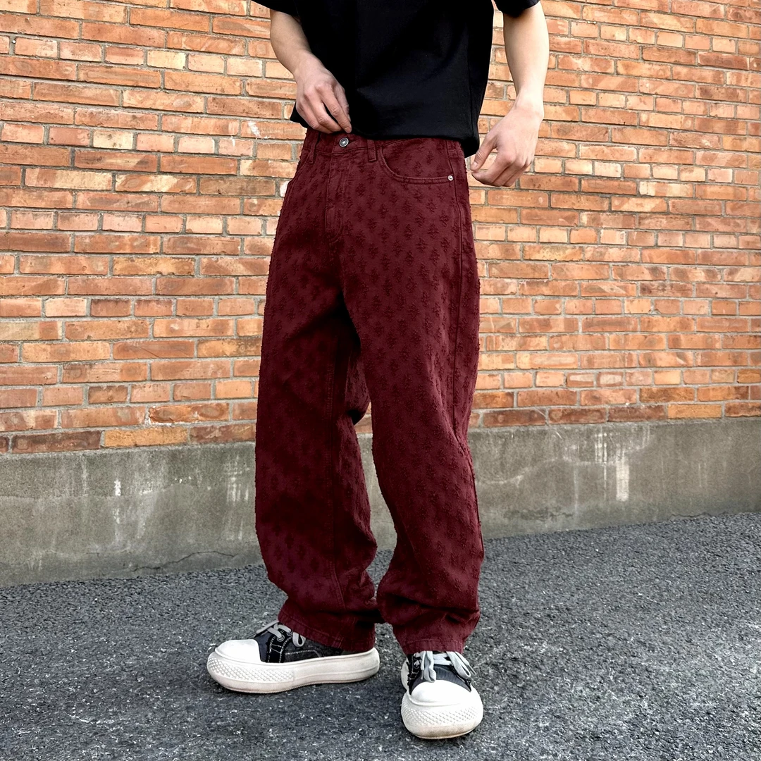 欧美高街hiphop高端男士牛仔裤满印提花潮牌宽松直筒美式牛仔裤子