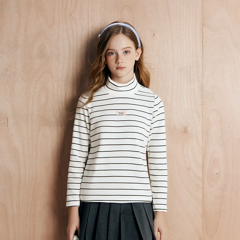 笛莎女童长袖T恤秋冬季儿童条纹半高领保暖打底衫-732440602