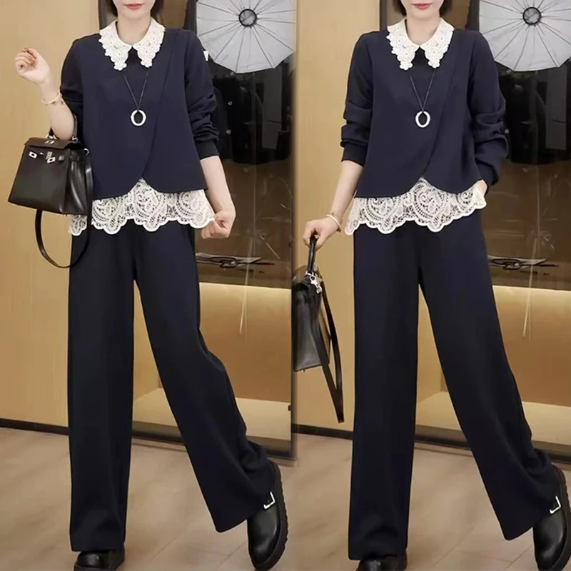 潮流翻领蕾丝拼接长袖上衣+高腰阔腿裤两件套女2025秋季新款套装