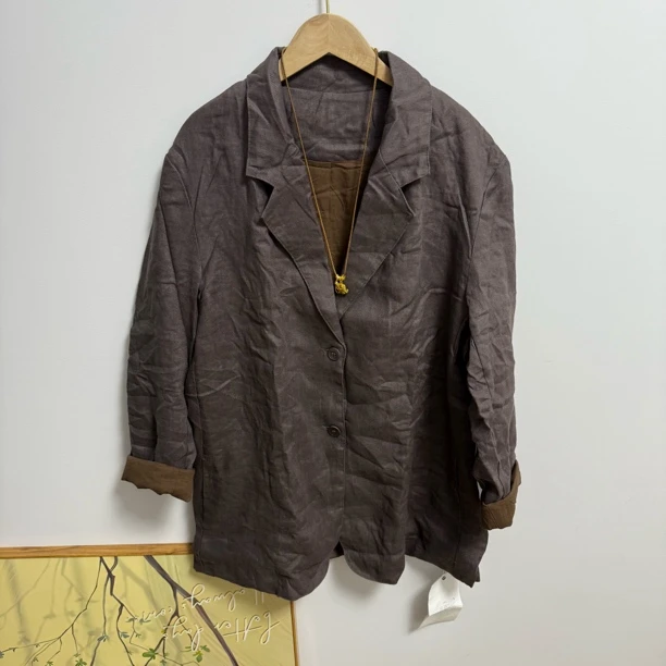 复古中长款加厚双层外套西服宽松亚麻西装领女上衣休闲百搭外套